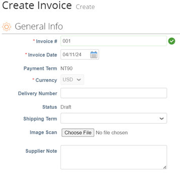 Screenshot of Create Invoice page on Coupa Supplier Portal. 